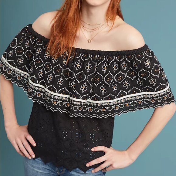 Anthropologie x Hermant Nandita Mavra Black Embroidered Off Shoulder Top Size S - Picture 1 of 8